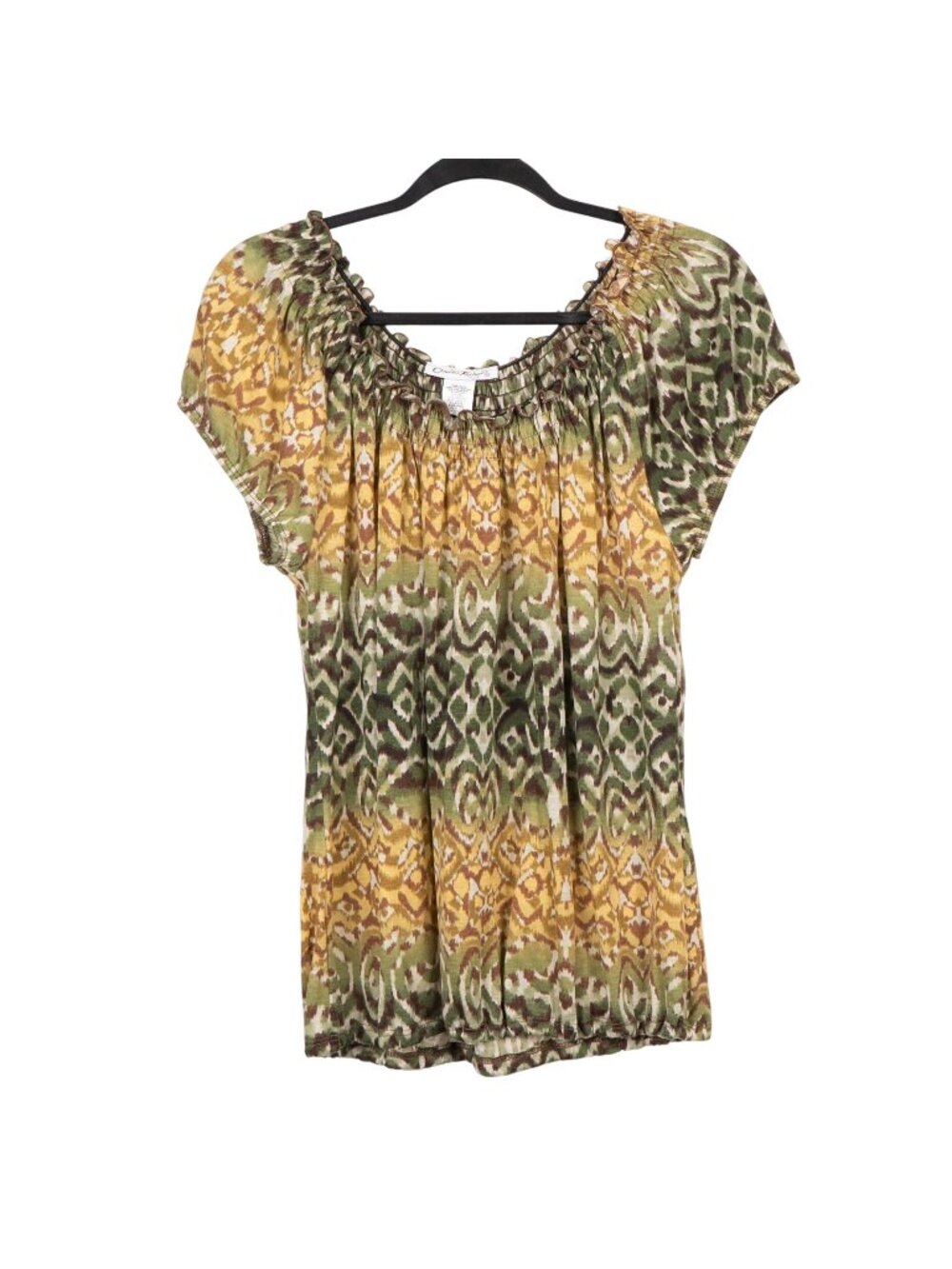 Claudia Richard Y2K Peasant Blouse XL Womens Ikat Smocked Neck Top Yellow Green